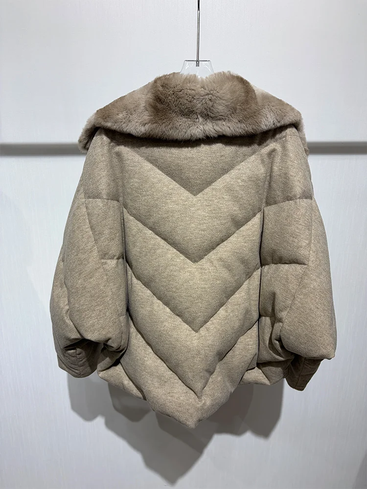 New Fashion Winter Women Goose Down Puffer Jacket Real Rex Rabbit Fur Collar Wool Coat Sleeve Warm Outerwear