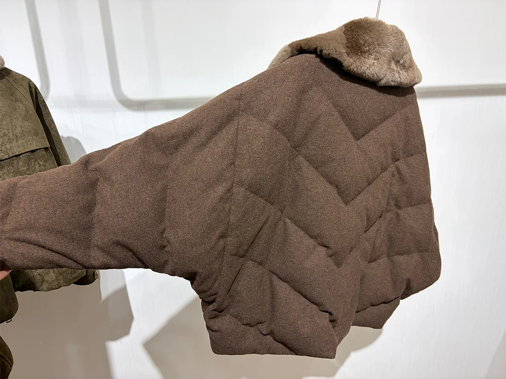 New Fashion Winter Women Goose Down Puffer Jacket Real Rex Rabbit Fur Collar Wool Coat Sleeve Warm Outerwear