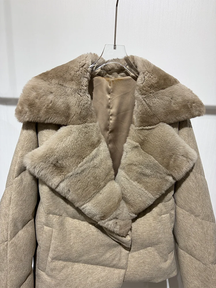 New Fashion Winter Women Goose Down Puffer Jacket Real Rex Rabbit Fur Collar Wool Coat Sleeve Warm Outerwear