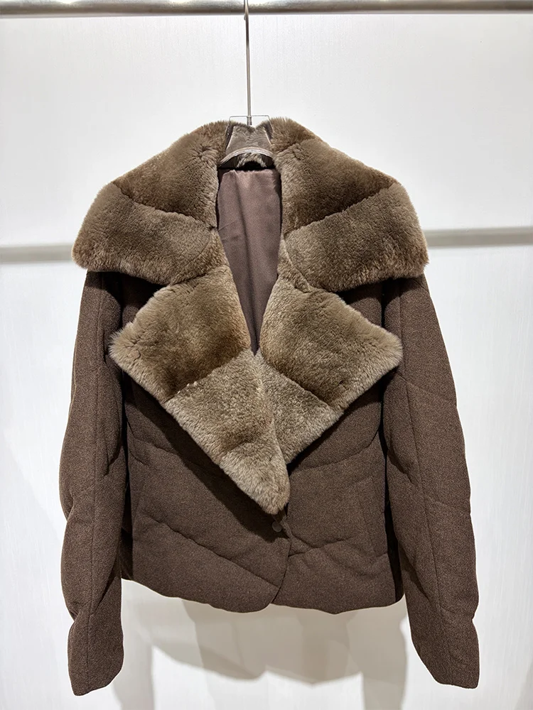 New Fashion Winter Women Goose Down Puffer Jacket Real Rex Rabbit Fur Collar Wool Coat Sleeve Warm Outerwear