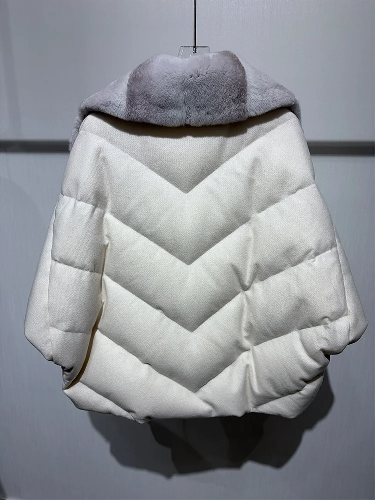 New Fashion Winter Women Goose Down Puffer Jacket Real Rex Rabbit Fur Collar Wool Coat Sleeve Warm Outerwear