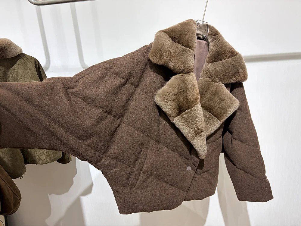 New Fashion Winter Women Goose Down Puffer Jacket Real Rex Rabbit Fur Collar Wool Coat Sleeve Warm Outerwear