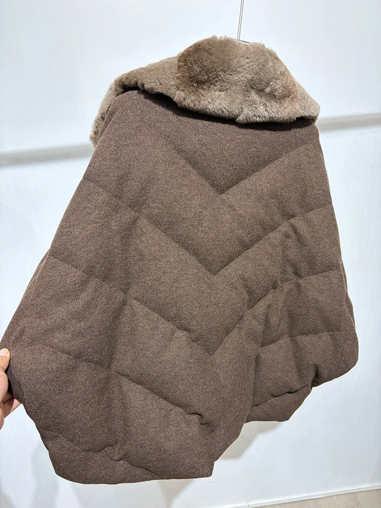 New Fashion Winter Women Goose Down Puffer Jacket Real Rex Rabbit Fur Collar Wool Coat Sleeve Warm Outerwear