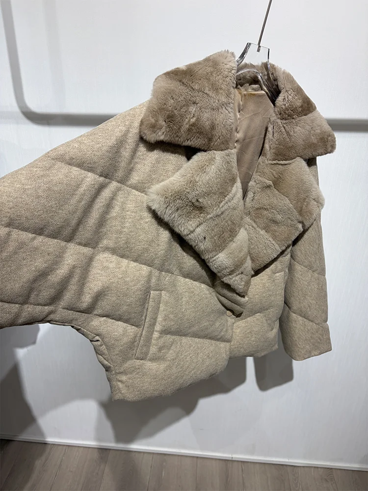 New Fashion Winter Women Goose Down Puffer Jacket Real Rex Rabbit Fur Collar Wool Coat Sleeve Warm Outerwear
