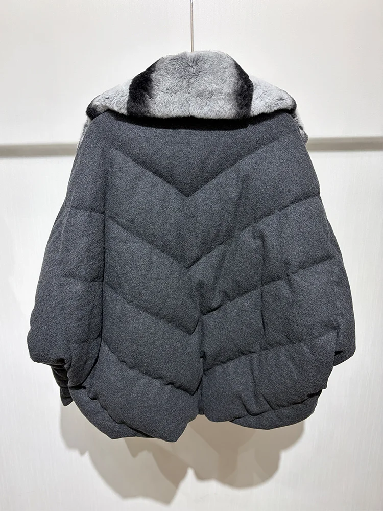 New Fashion Winter Women Goose Down Puffer Jacket Real Rex Rabbit Fur Collar Wool Coat Sleeve Warm Outerwear