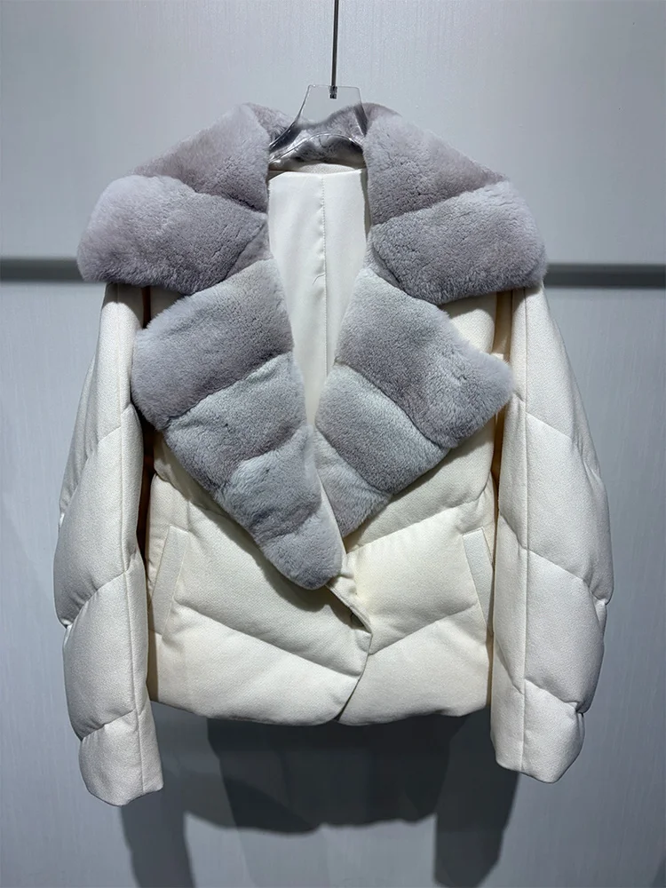 New Fashion Winter Women Goose Down Puffer Jacket Real Rex Rabbit Fur Collar Wool Coat Sleeve Warm Outerwear