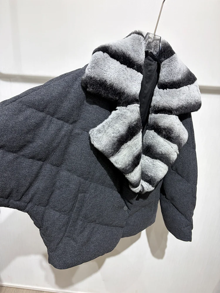 New Fashion Winter Women Goose Down Puffer Jacket Real Rex Rabbit Fur Collar Wool Coat Sleeve Warm Outerwear