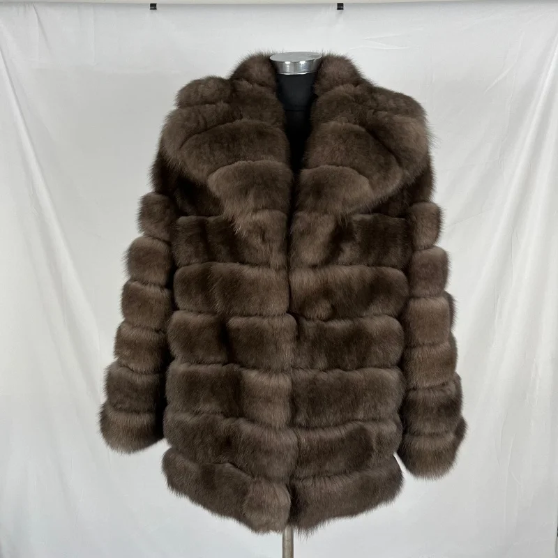Real Fox Fur Women's Coat Jacket with a Suit Collar, Imitating Sable Fur, Fluffy and Fashionable