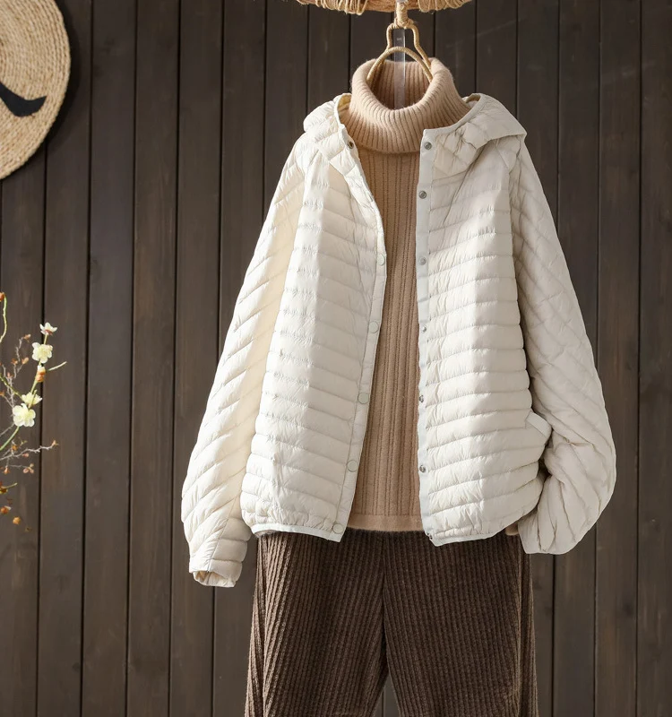 Schinteon Women Ultralight White Duck Down Jacket with Hood Over Size Loose Casual Autumn Winter Outwear Coat 2026 New