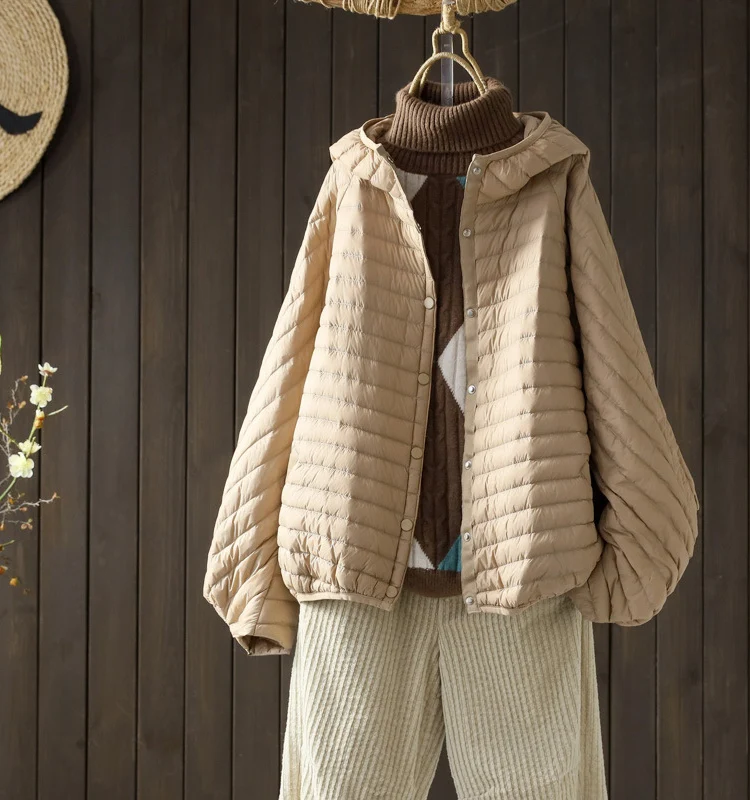 Schinteon Women Ultralight White Duck Down Jacket with Hood Over Size Loose Casual Autumn Winter Outwear Coat 2026 New