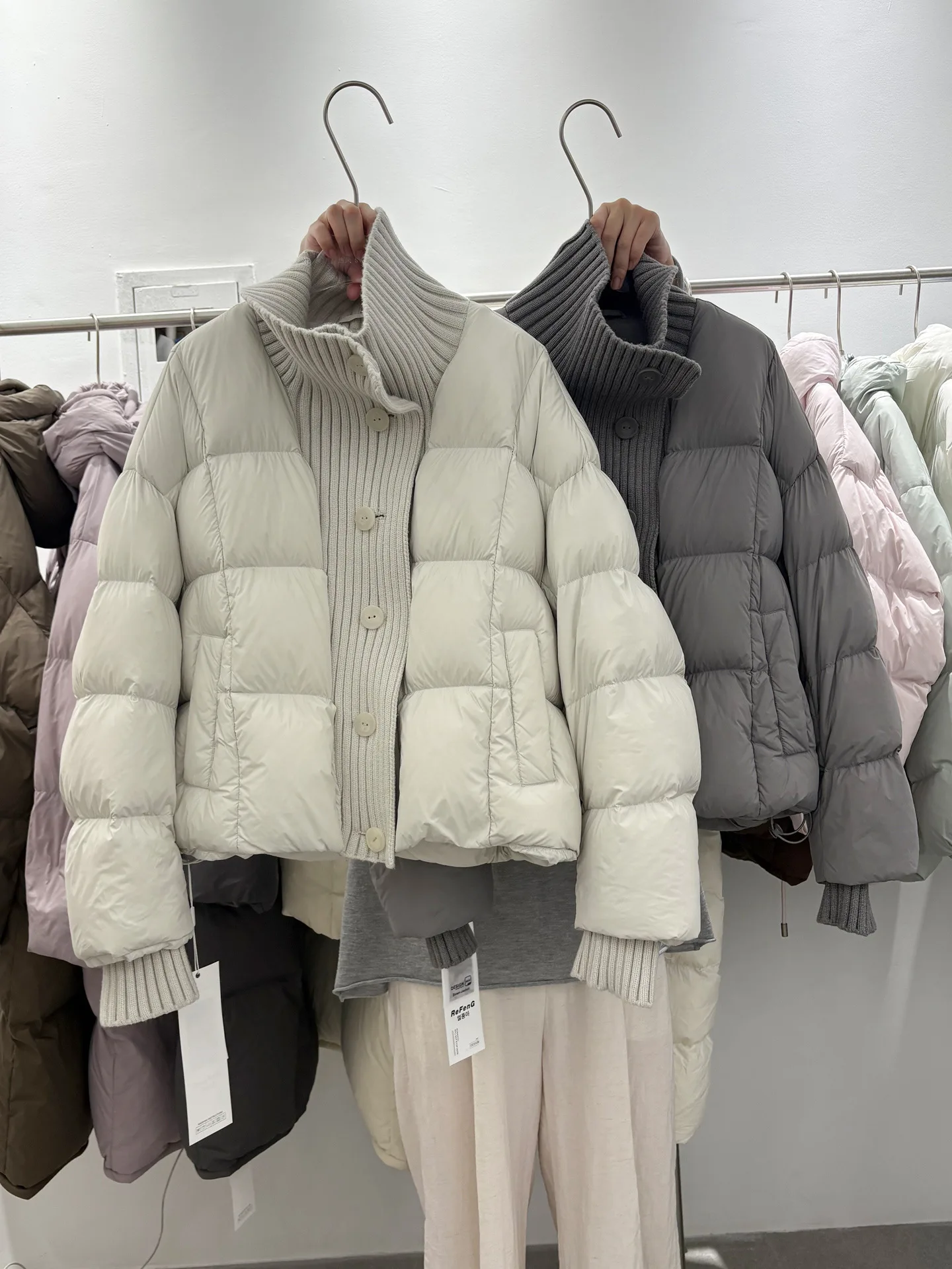 Women's Short Down Coat Knitting Spliced Stand Collar Puffer Jacket Winter Single Breasted Loose Casual Chic Thick Warm Overcoat