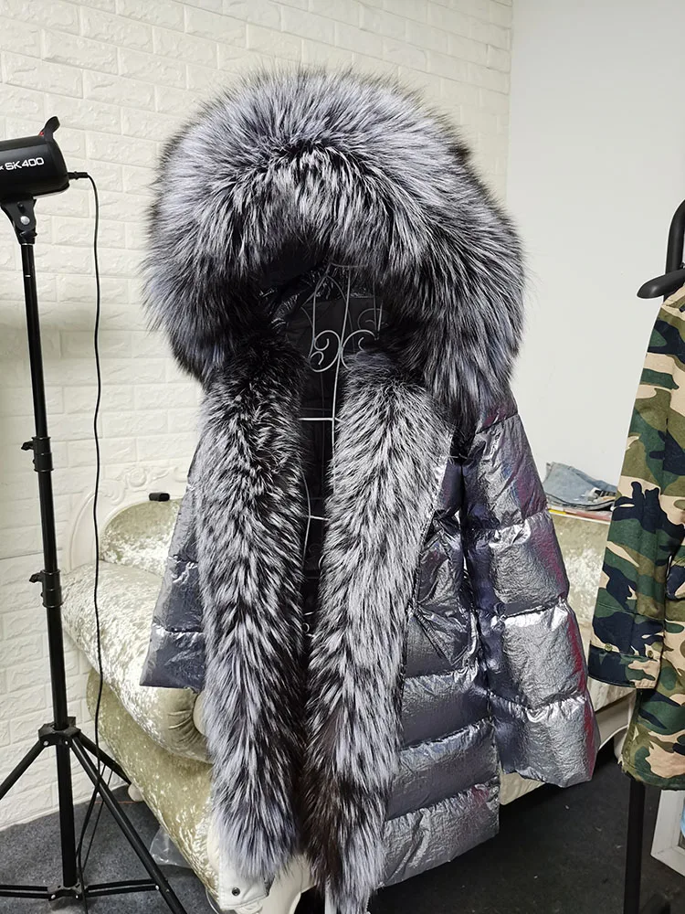 Maomaokong 2026 Winter Luxury Real Fox Raccoon Fur Collar Down Jacket Women Hooded Warm Puffer Coat Waterproof Outerwear Parkas