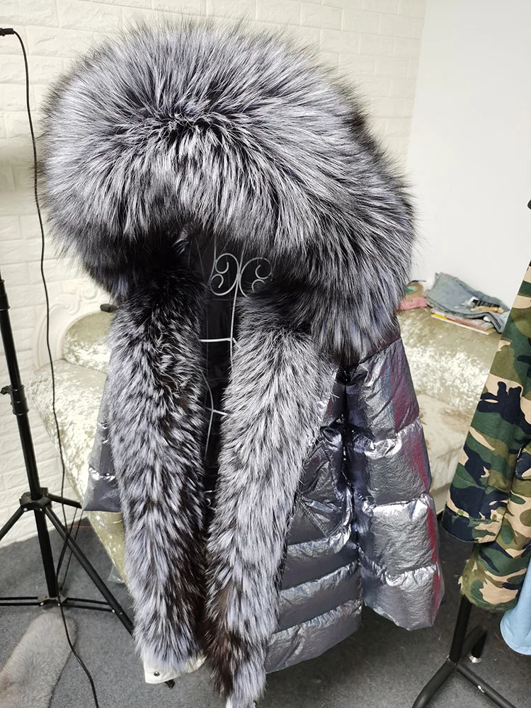 Maomaokong 2026 Winter Luxury Real Fox Raccoon Fur Collar Down Jacket Women Hooded Warm Puffer Coat Waterproof Outerwear Parkas