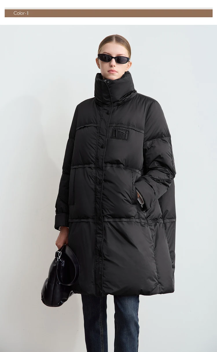 Amii 2024 Winter New Women's Velcro Loose Coat Top Warm Stand-up Collar Letter Embroidered Seal Zipper Down Jacket 12444103