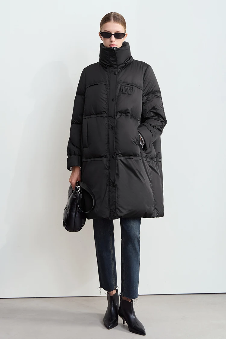 Amii 2024 Winter New Women's Velcro Loose Coat Top Warm Stand-up Collar Letter Embroidered Seal Zipper Down Jacket 12444103