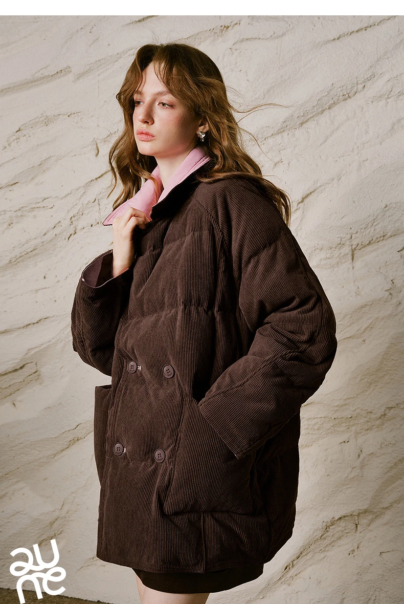 TOYOUTH Women Reversible Corduroy Down Jacket 2026 Winter New Cannelé Color Block Loose Outerwear