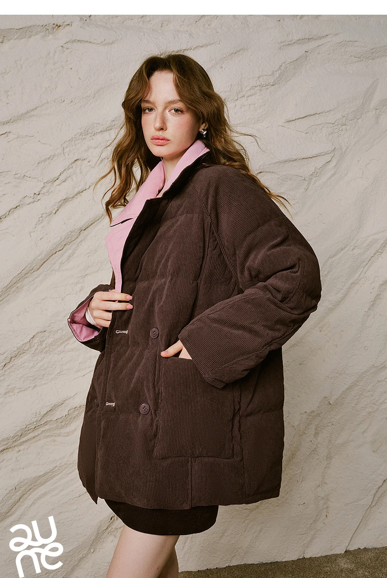 TOYOUTH Women Reversible Corduroy Down Jacket 2026 Winter New Cannelé Color Block Loose Outerwear