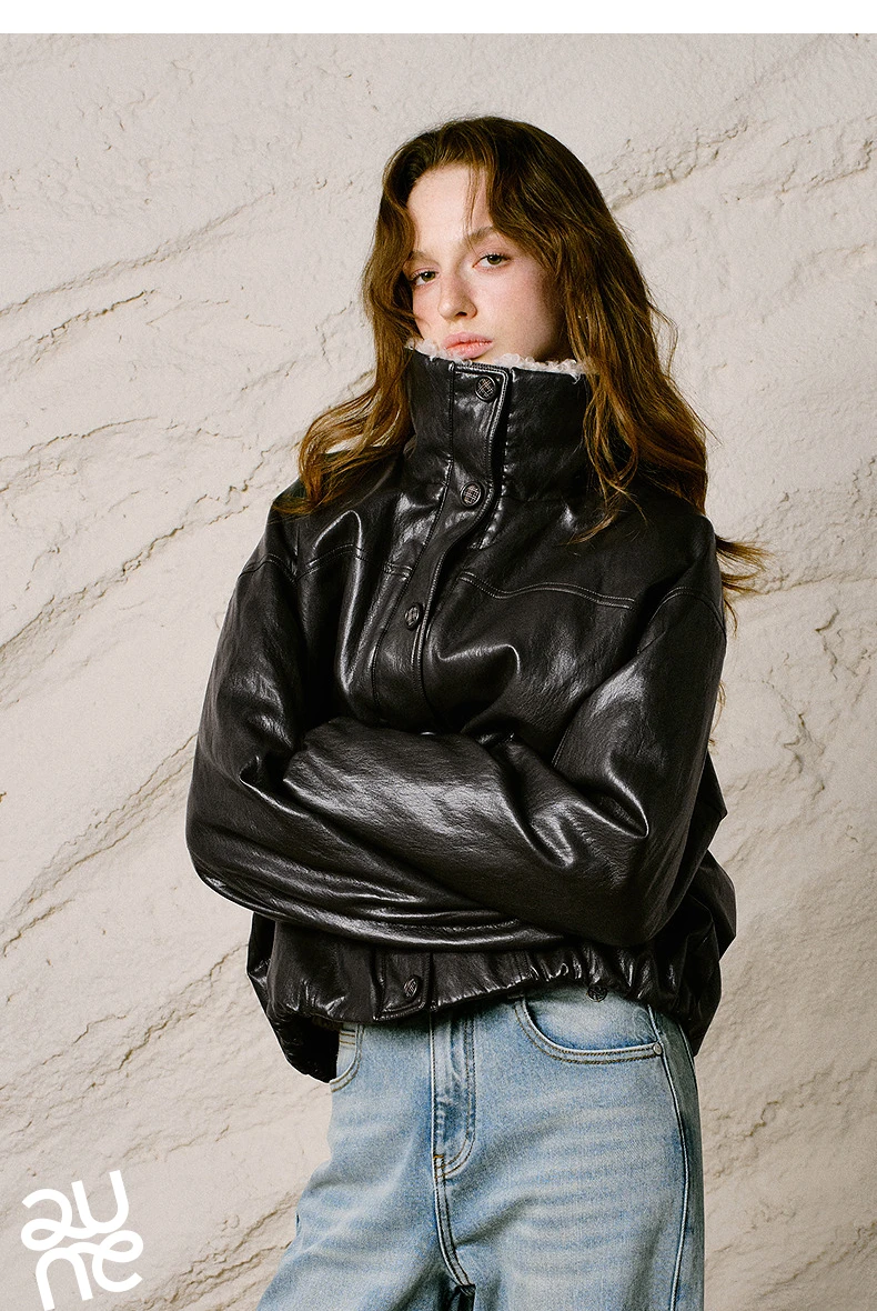 TOYOUTH Women Down Jacket 2026 Winter New Sherpa Spliced Vintage Distressed Moto Outerwear