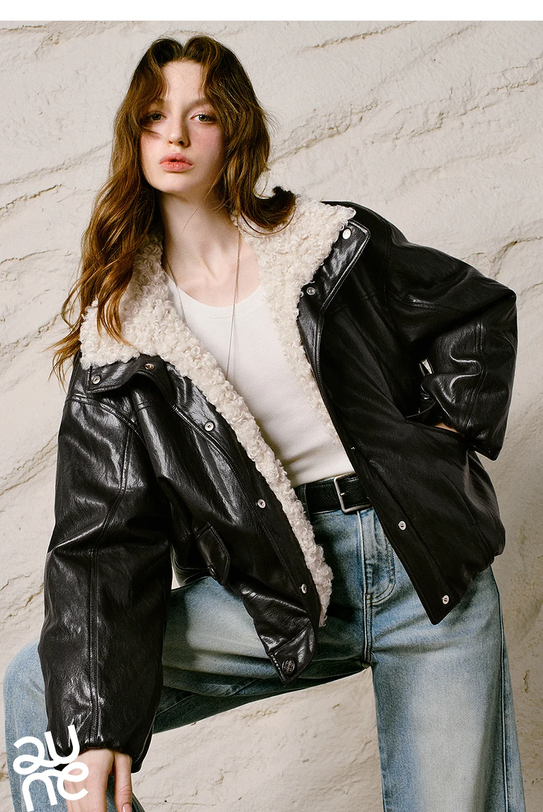 TOYOUTH Women Down Jacket 2026 Winter New Sherpa Spliced Vintage Distressed Moto Outerwear