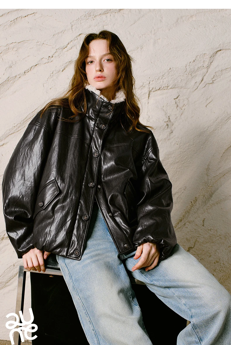 TOYOUTH Women Down Jacket 2026 Winter New Sherpa Spliced Vintage Distressed Moto Outerwear