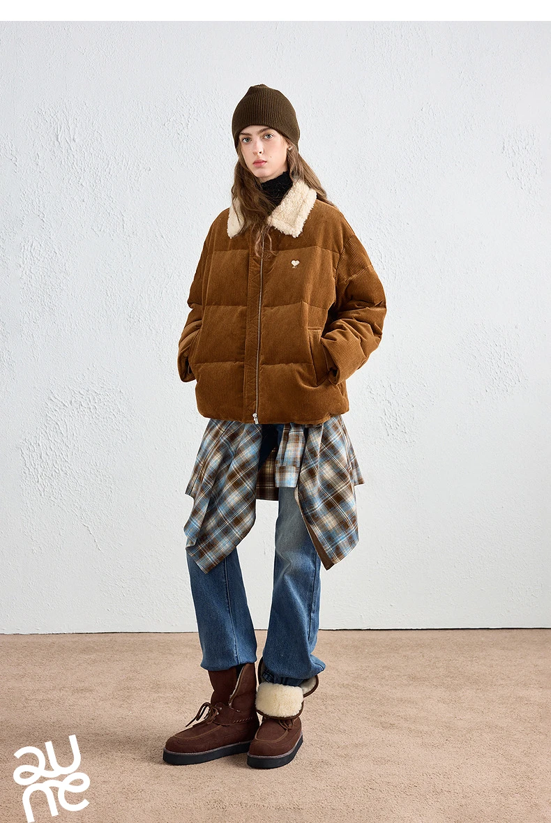 TOYOUTH Women Down Jacket 2026 Winter New Corduroy Sherpa Collar Maillard 90% Down Warm Puffer Coat