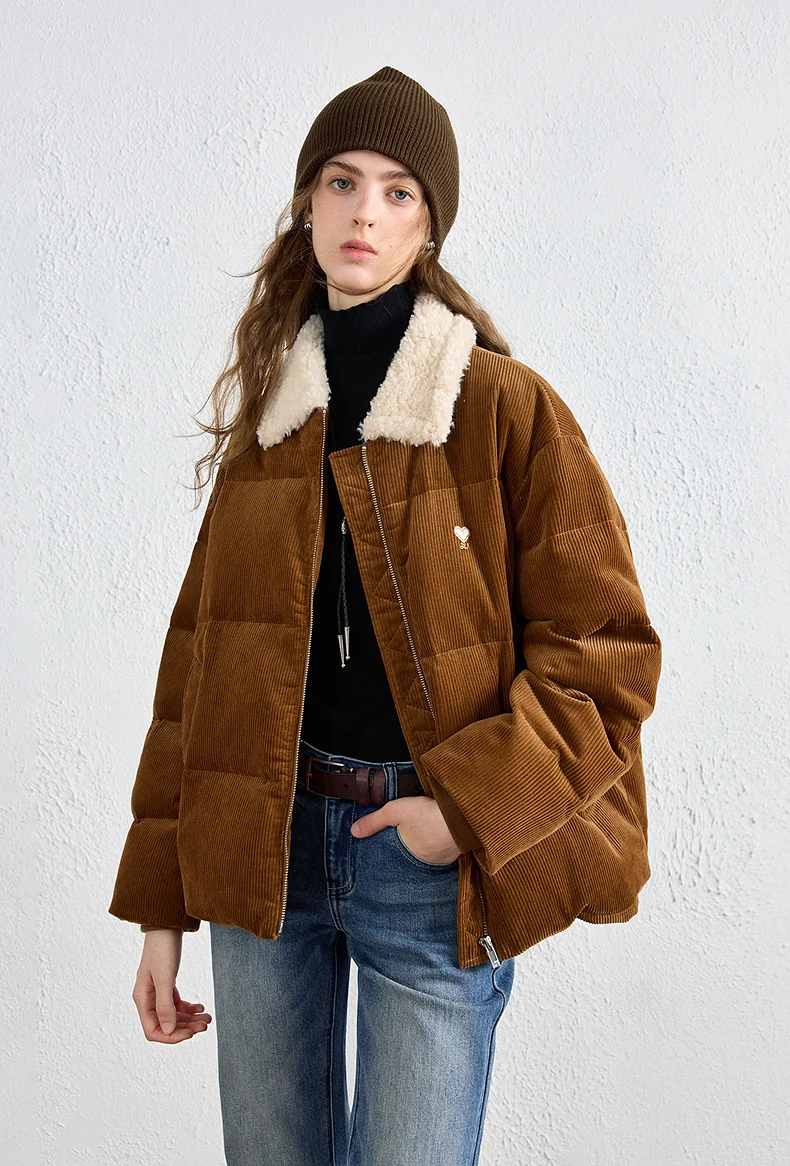 TOYOUTH Women Down Jacket 2026 Winter New Corduroy Sherpa Collar Maillard 90% Down Warm Puffer Coat