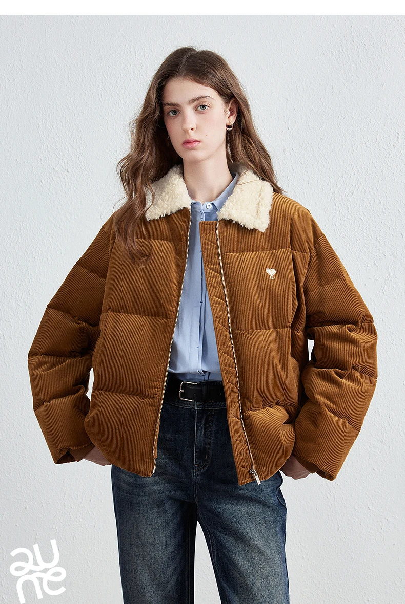 TOYOUTH Women Down Jacket 2026 Winter New Corduroy Sherpa Collar Maillard 90% Down Warm Puffer Coat