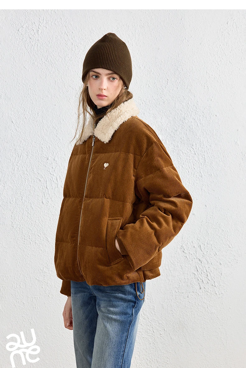 TOYOUTH Women Down Jacket 2026 Winter New Corduroy Sherpa Collar Maillard 90% Down Warm Puffer Coat