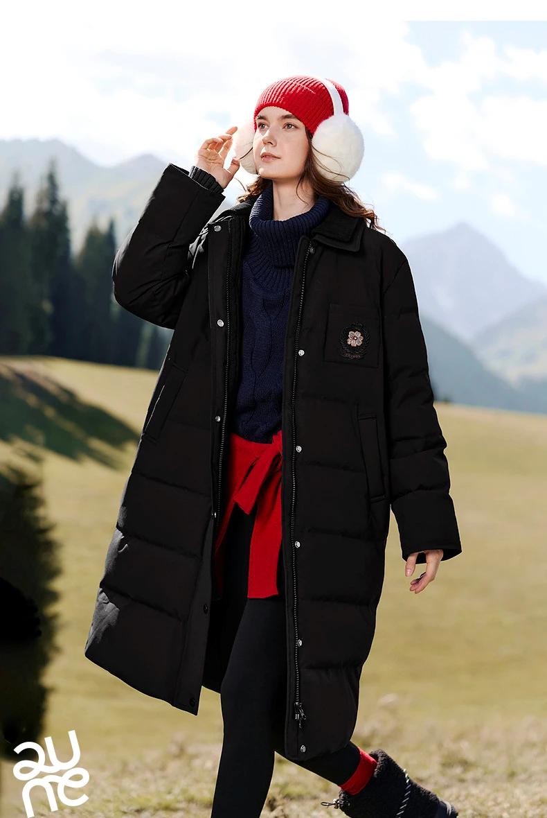 TOYOUTH Women Long Fluoride-Free Water Resistant Down Jacket 2026 Winter New Corduroy Double Collar Badge Embroidered Outerwear