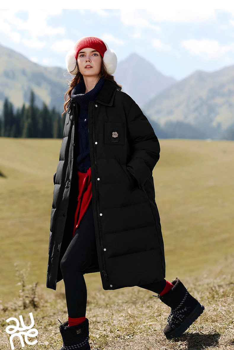 TOYOUTH Women Long Fluoride-Free Water Resistant Down Jacket 2026 Winter New Corduroy Double Collar Badge Embroidered Outerwear
