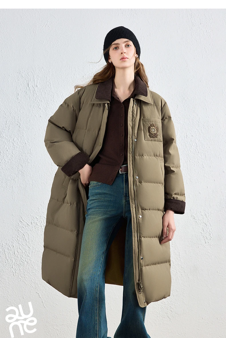 TOYOUTH Women Long Fluoride-Free Water Resistant Down Jacket 2026 Winter New Corduroy Double Collar Badge Embroidered Outerwear