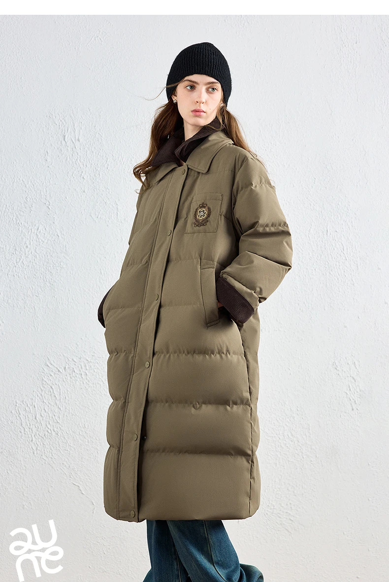 TOYOUTH Women Long Fluoride-Free Water Resistant Down Jacket 2026 Winter New Corduroy Double Collar Badge Embroidered Outerwear