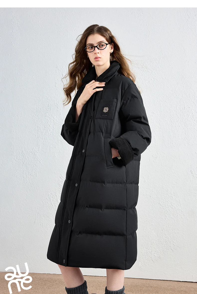TOYOUTH Women Long Fluoride-Free Water Resistant Down Jacket 2026 Winter New Corduroy Double Collar Badge Embroidered Outerwear