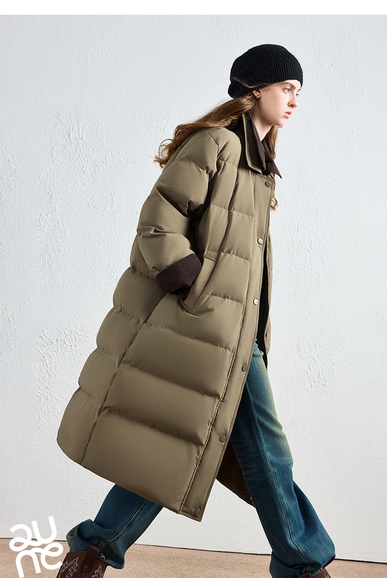 TOYOUTH Women Long Fluoride-Free Water Resistant Down Jacket 2026 Winter New Corduroy Double Collar Badge Embroidered Outerwear