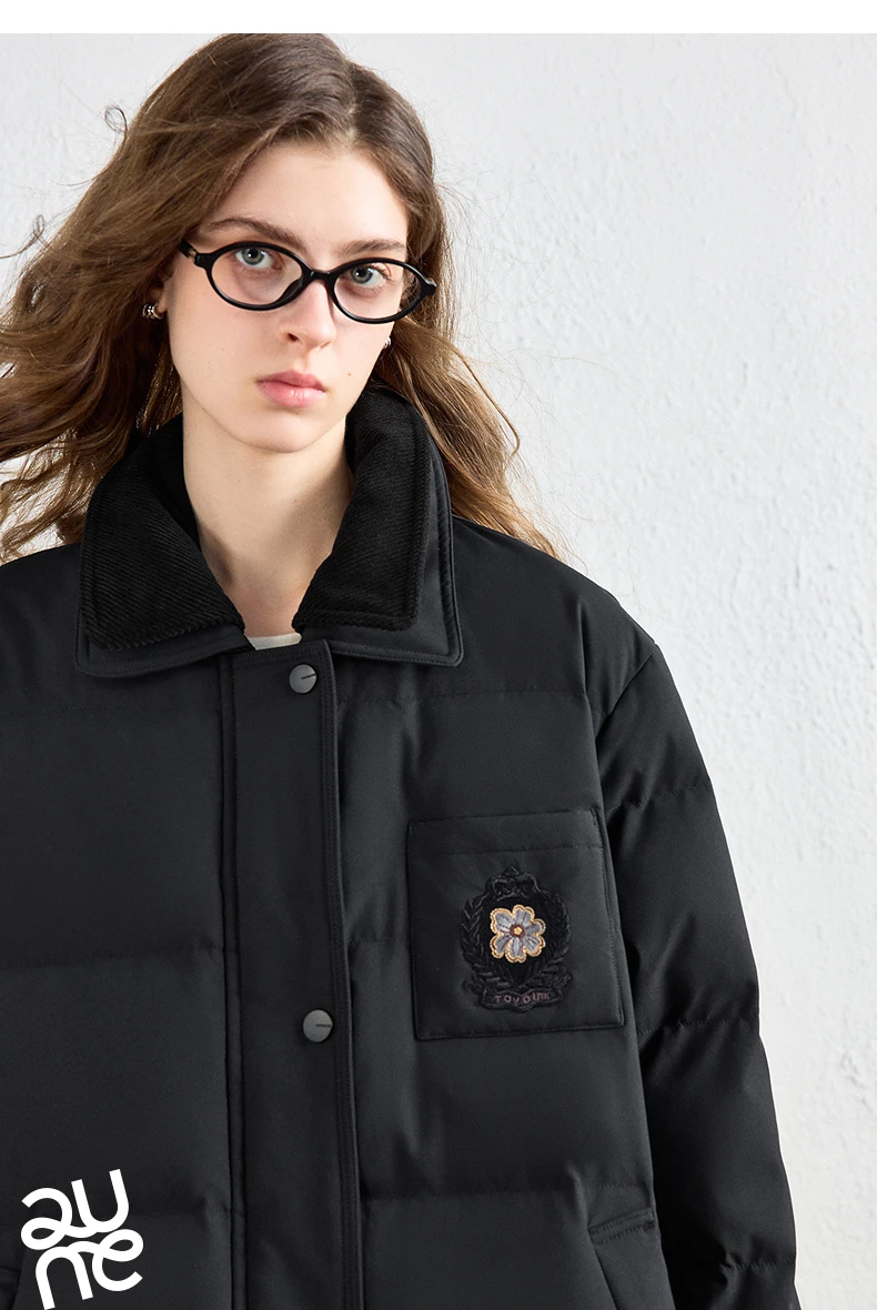 TOYOUTH Women Long Fluoride-Free Water Resistant Down Jacket 2026 Winter New Corduroy Double Collar Badge Embroidered Outerwear