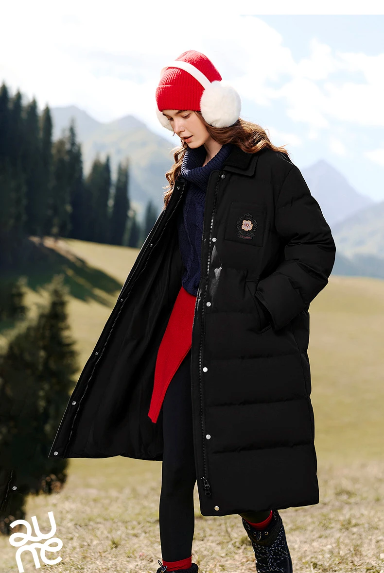 TOYOUTH Women Long Fluoride-Free Water Resistant Down Jacket 2026 Winter New Corduroy Double Collar Badge Embroidered Outerwear