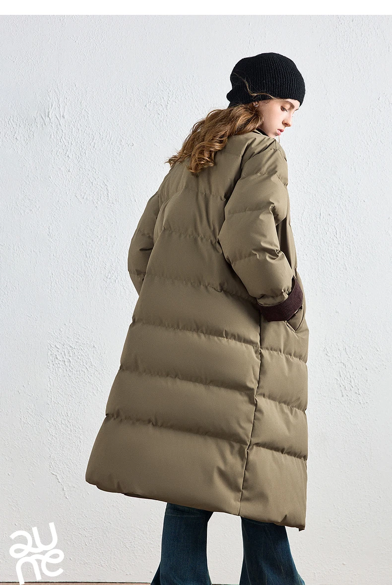 TOYOUTH Women Long Fluoride-Free Water Resistant Down Jacket 2026 Winter New Corduroy Double Collar Badge Embroidered Outerwear
