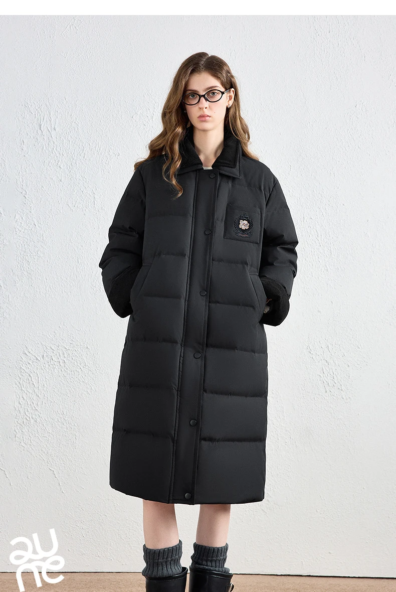 TOYOUTH Women Long Fluoride-Free Water Resistant Down Jacket 2026 Winter New Corduroy Double Collar Badge Embroidered Outerwear