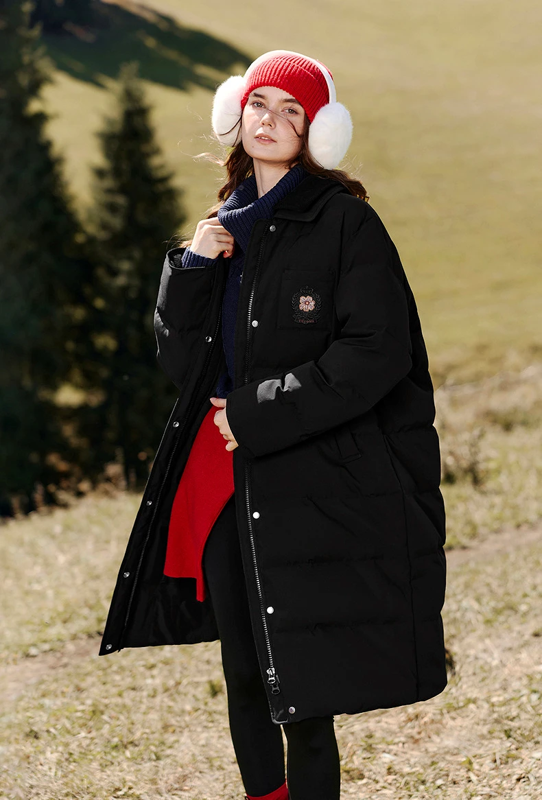TOYOUTH Women Long Fluoride-Free Water Resistant Down Jacket 2026 Winter New Corduroy Double Collar Badge Embroidered Outerwear