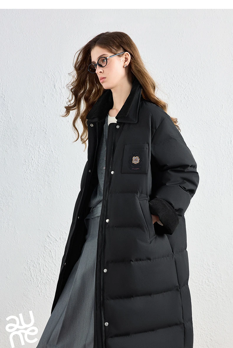 TOYOUTH Women Long Fluoride-Free Water Resistant Down Jacket 2026 Winter New Corduroy Double Collar Badge Embroidered Outerwear