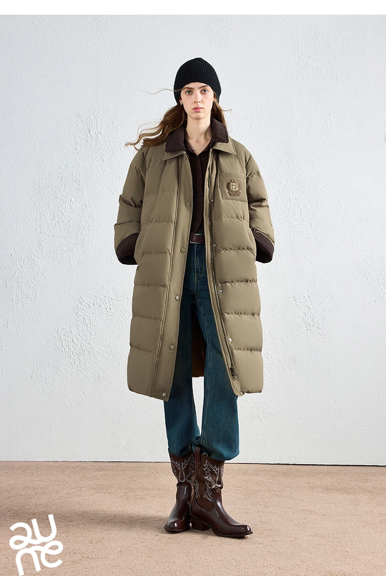 TOYOUTH Women Long Fluoride-Free Water Resistant Down Jacket 2026 Winter New Corduroy Double Collar Badge Embroidered Outerwear