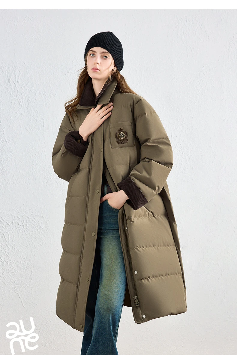 TOYOUTH Women Long Fluoride-Free Water Resistant Down Jacket 2026 Winter New Corduroy Double Collar Badge Embroidered Outerwear