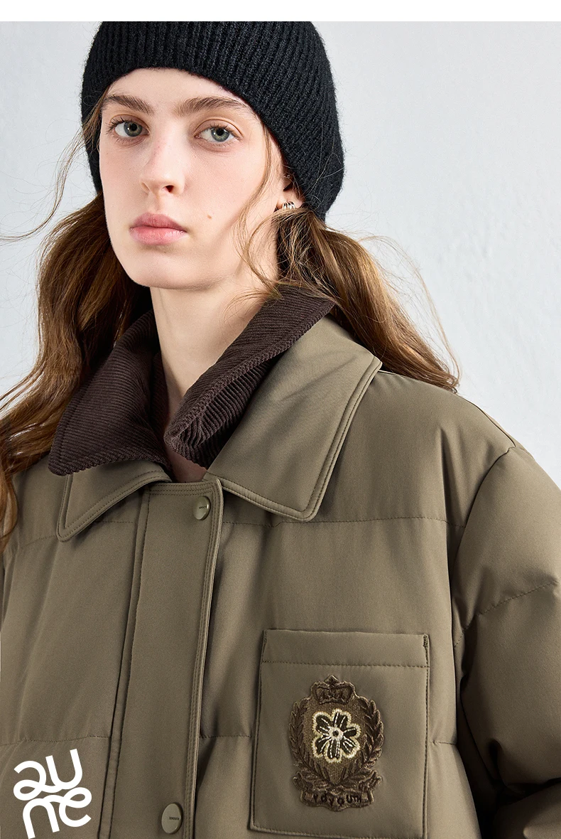 TOYOUTH Women Long Fluoride-Free Water Resistant Down Jacket 2026 Winter New Corduroy Double Collar Badge Embroidered Outerwear