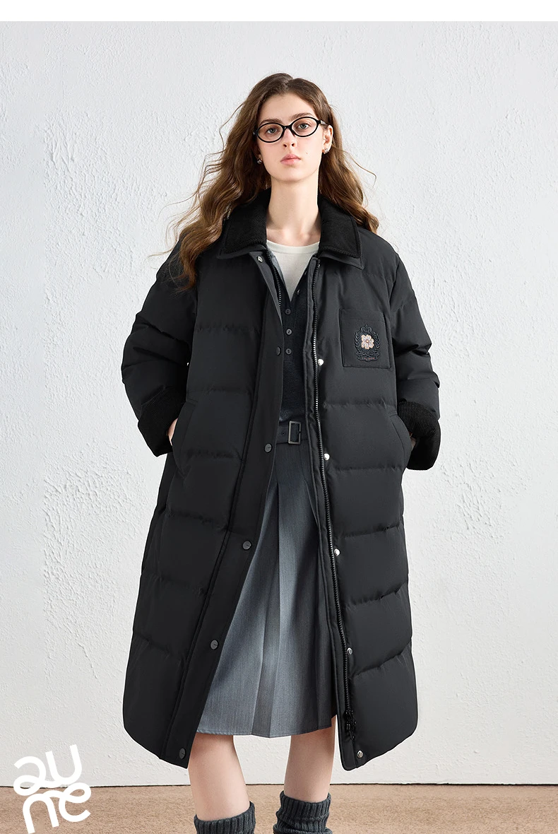 TOYOUTH Women Long Fluoride-Free Water Resistant Down Jacket 2026 Winter New Corduroy Double Collar Badge Embroidered Outerwear