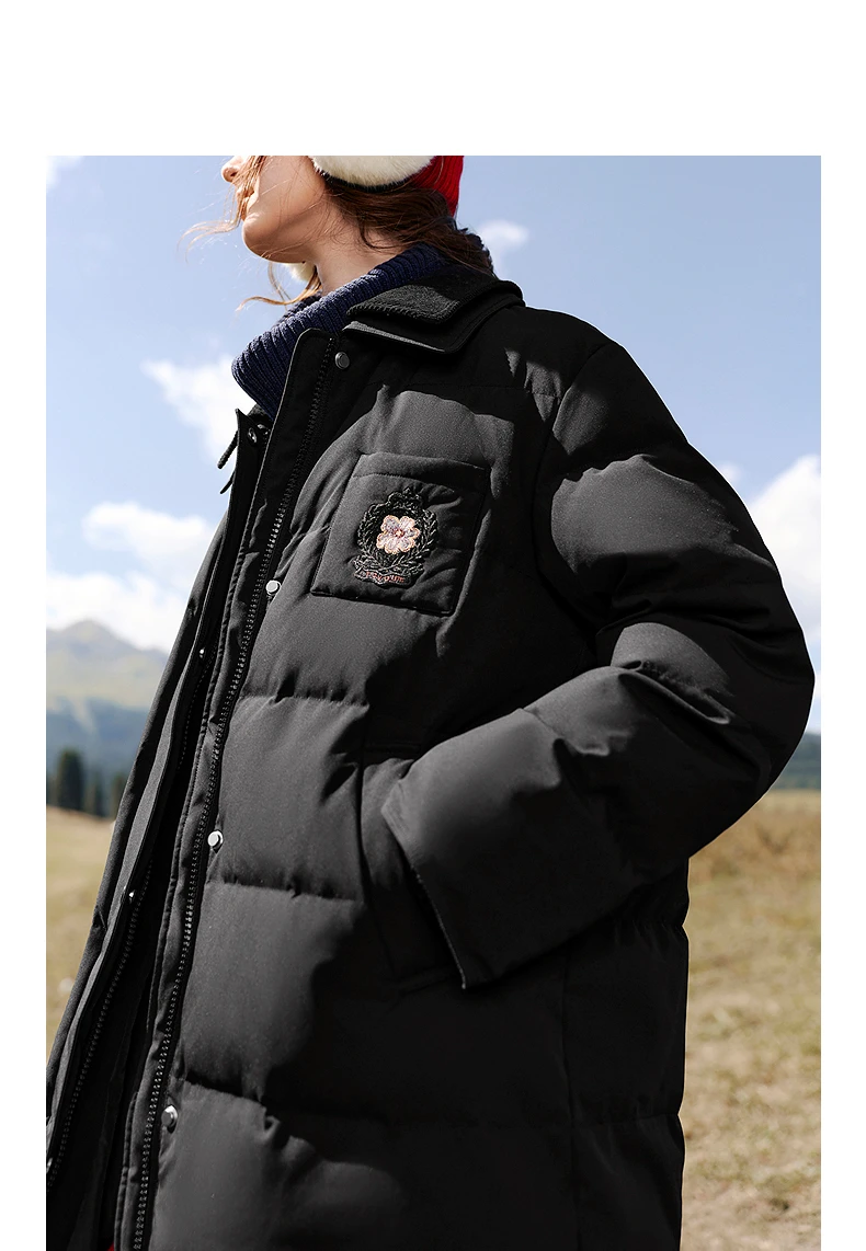 TOYOUTH Women Long Fluoride-Free Water Resistant Down Jacket 2026 Winter New Corduroy Double Collar Badge Embroidered Outerwear