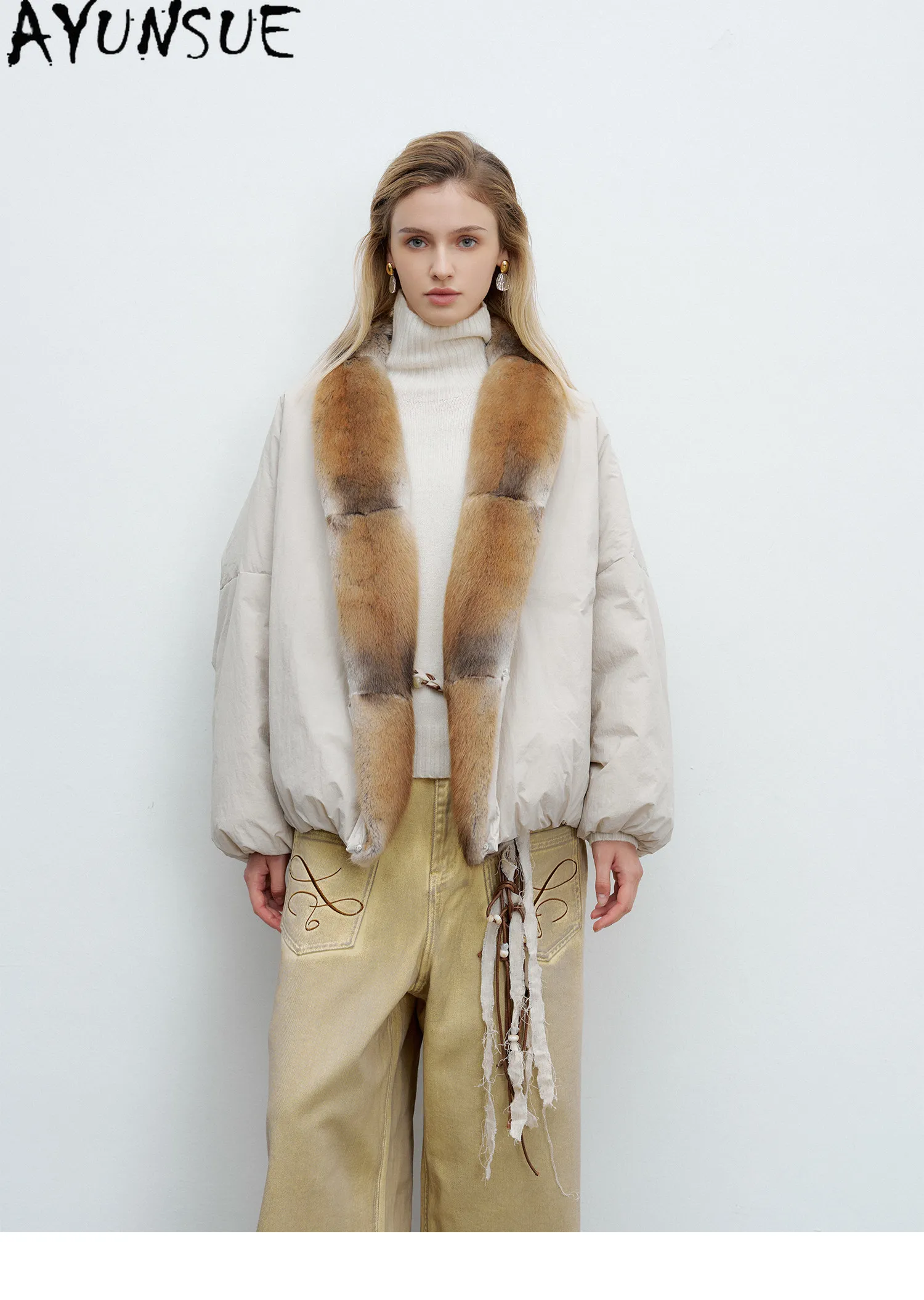 AYUNSUE 90g White Goose Down Coat Woman Clothing Qinggen Mink Fur Collar Winter Jacket Women Fashion Warm Parka Jaqueta Feminina