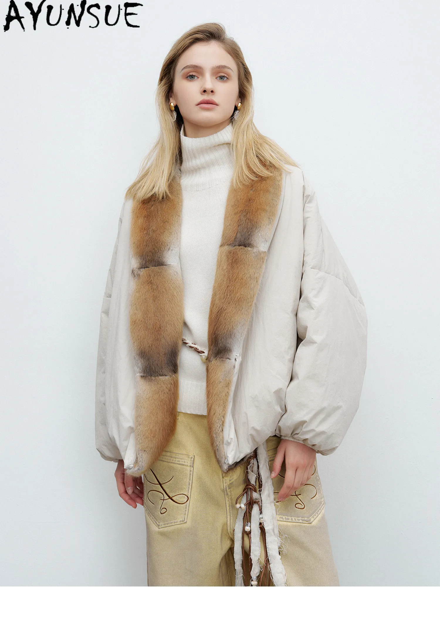 AYUNSUE 90g White Goose Down Coat Woman Clothing Qinggen Mink Fur Collar Winter Jacket Women Fashion Warm Parka Jaqueta Feminina