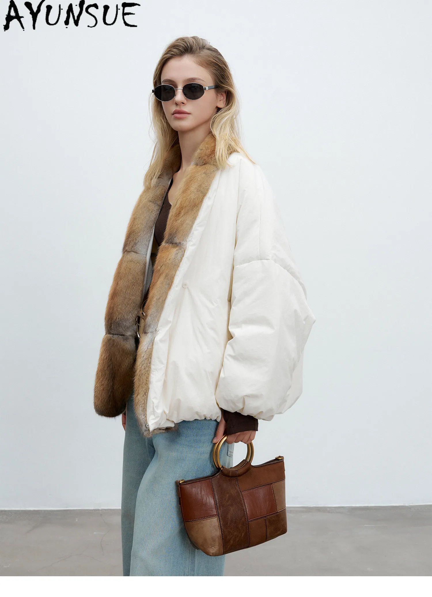 AYUNSUE 90g White Goose Down Coat Woman Clothing Qinggen Mink Fur Collar Winter Jacket Women Fashion Warm Parka Jaqueta Feminina