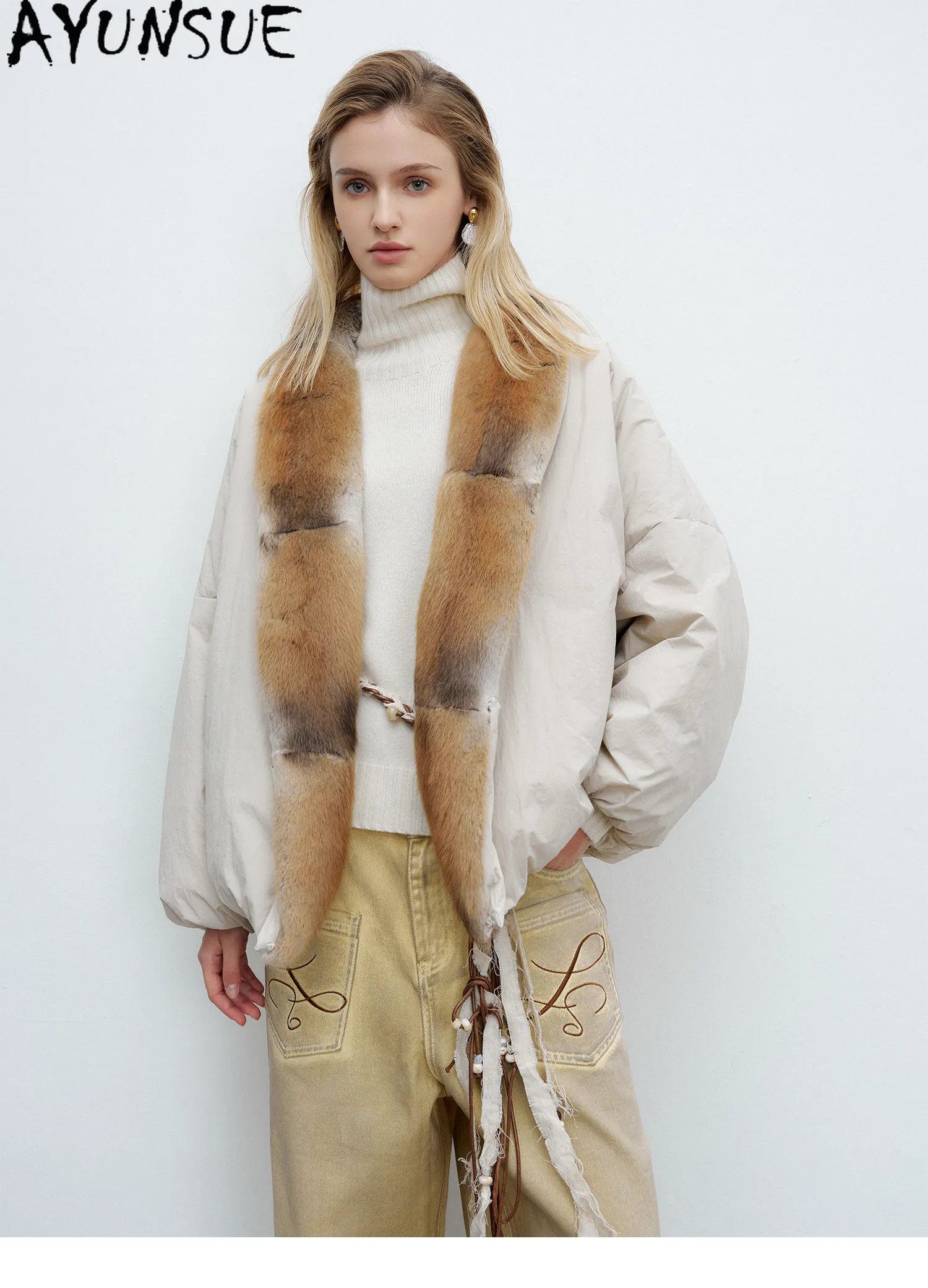 AYUNSUE 90g White Goose Down Coat Woman Clothing Qinggen Mink Fur Collar Winter Jacket Women Fashion Warm Parka Jaqueta Feminina