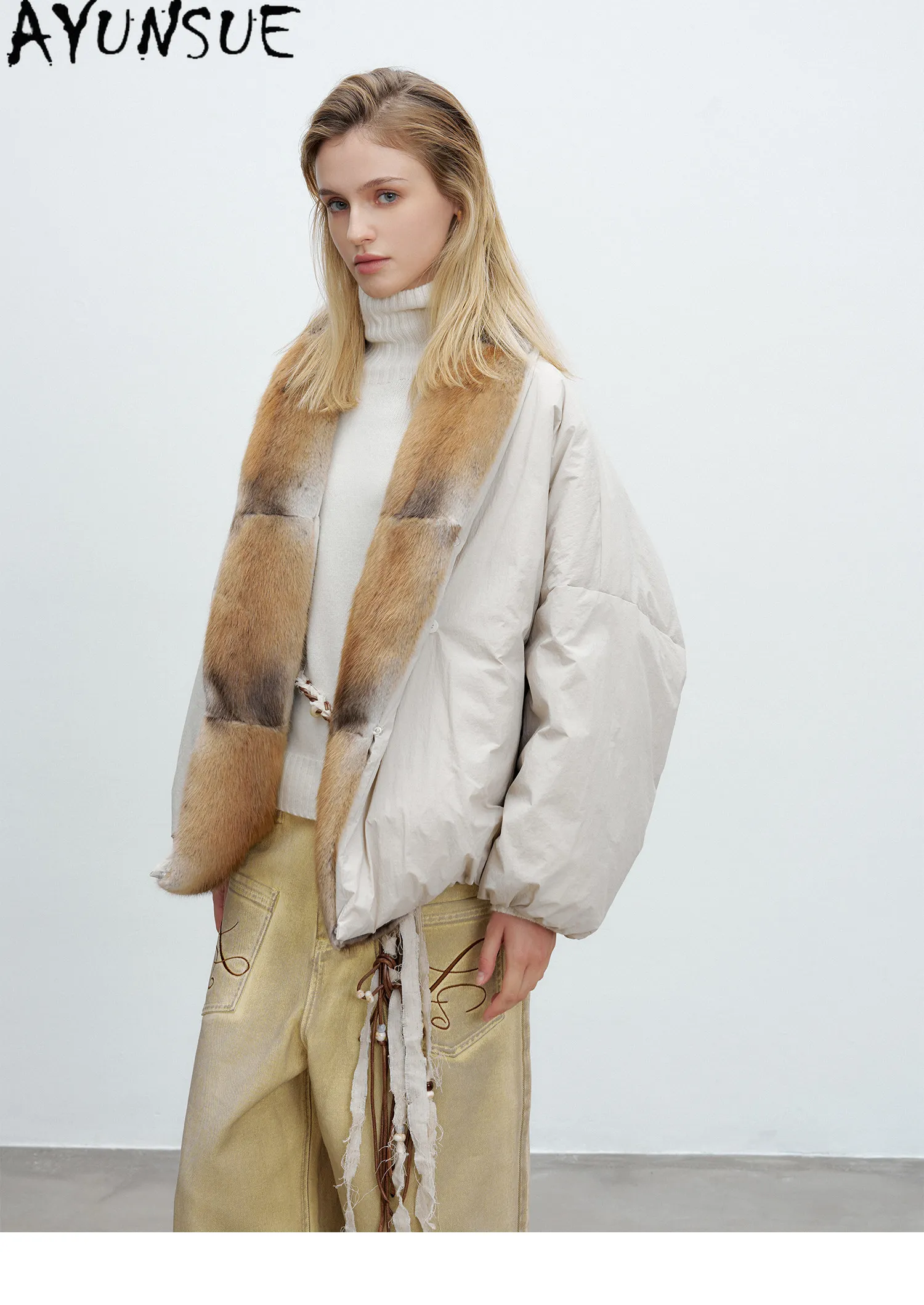 AYUNSUE 90g White Goose Down Coat Woman Clothing Qinggen Mink Fur Collar Winter Jacket Women Fashion Warm Parka Jaqueta Feminina